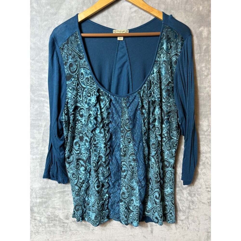 Energe Woman’s Shirt Size 3x Blue Pattern 3/4 Sleeve Plus Shine Polyester